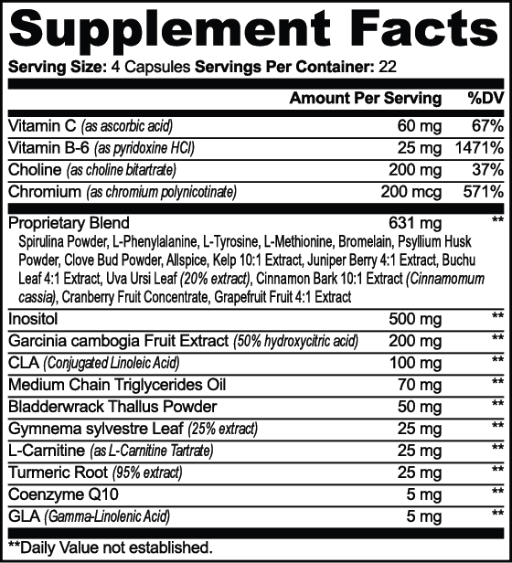 Supplement facts for fat burner with MCT supplement containing vitamins and proprietary blend ingredients.