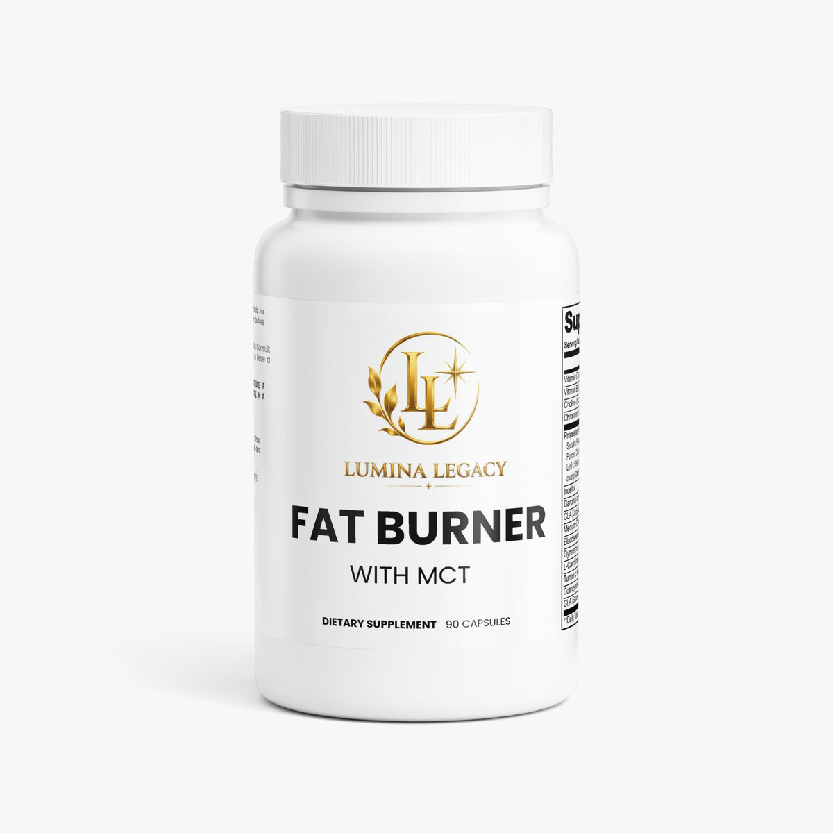 Fat Burner with MCT supplement bottle from Lumina Legacy, dietary supplement for weight loss, 90 capsules.