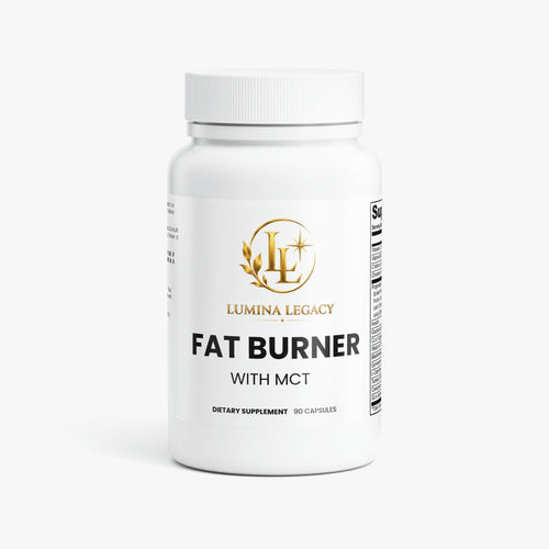 Fat Burner with MCT supplement bottle from Lumina Legacy, dietary supplement for weight loss, 90 capsules.