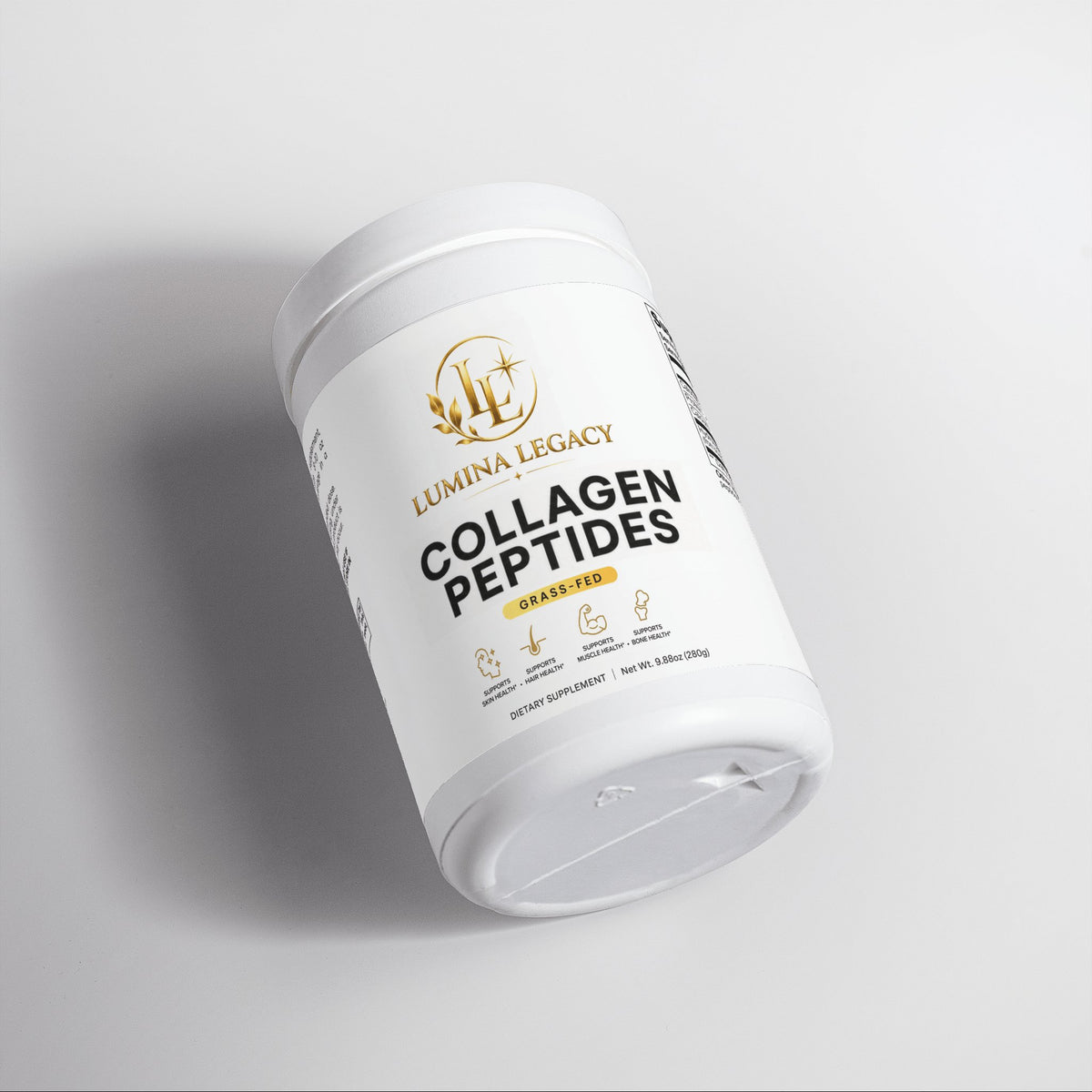 Grass-Fed Collagen Peptides supplement from Lumina Legacy in a sleek white container.