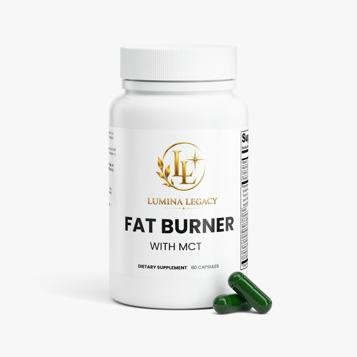 Fat Burner with MCT supplement by Lumina Legacy in a white container with green capsules.