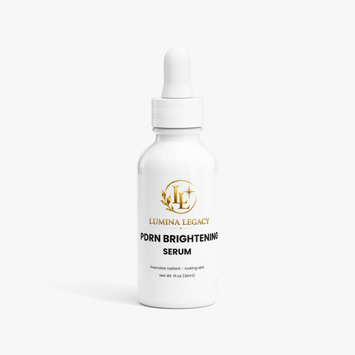 PDRN brightening serum for hydration in a sleek white bottle with dropper design.