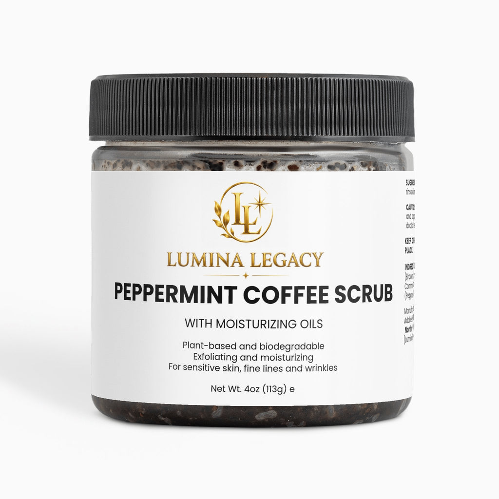 Peppermint Coffee Exfoliating Scrub in a jar, enriched with moisturizing oils for radiant skin.