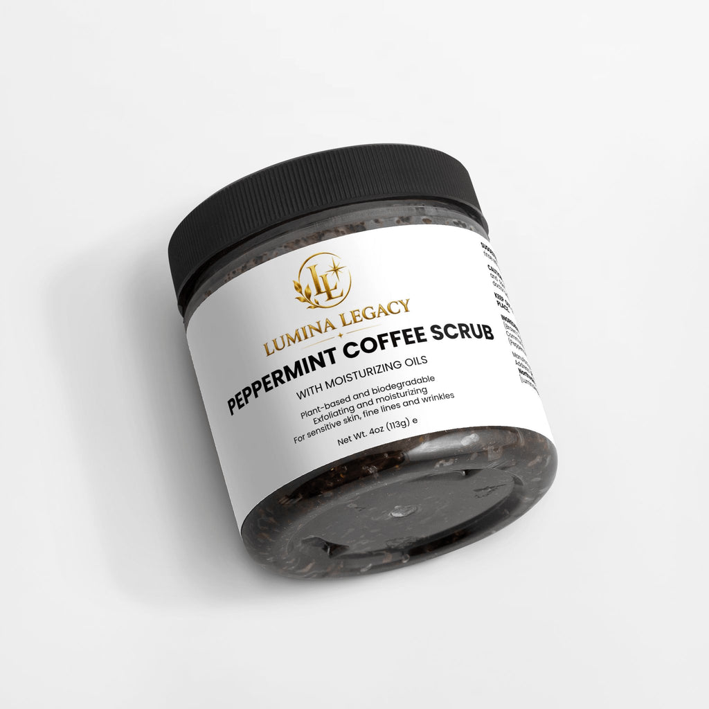 Peppermint Coffee Exfoliating Scrub in a jar with moisturizing oils for skin rejuvenation and exfoliation.