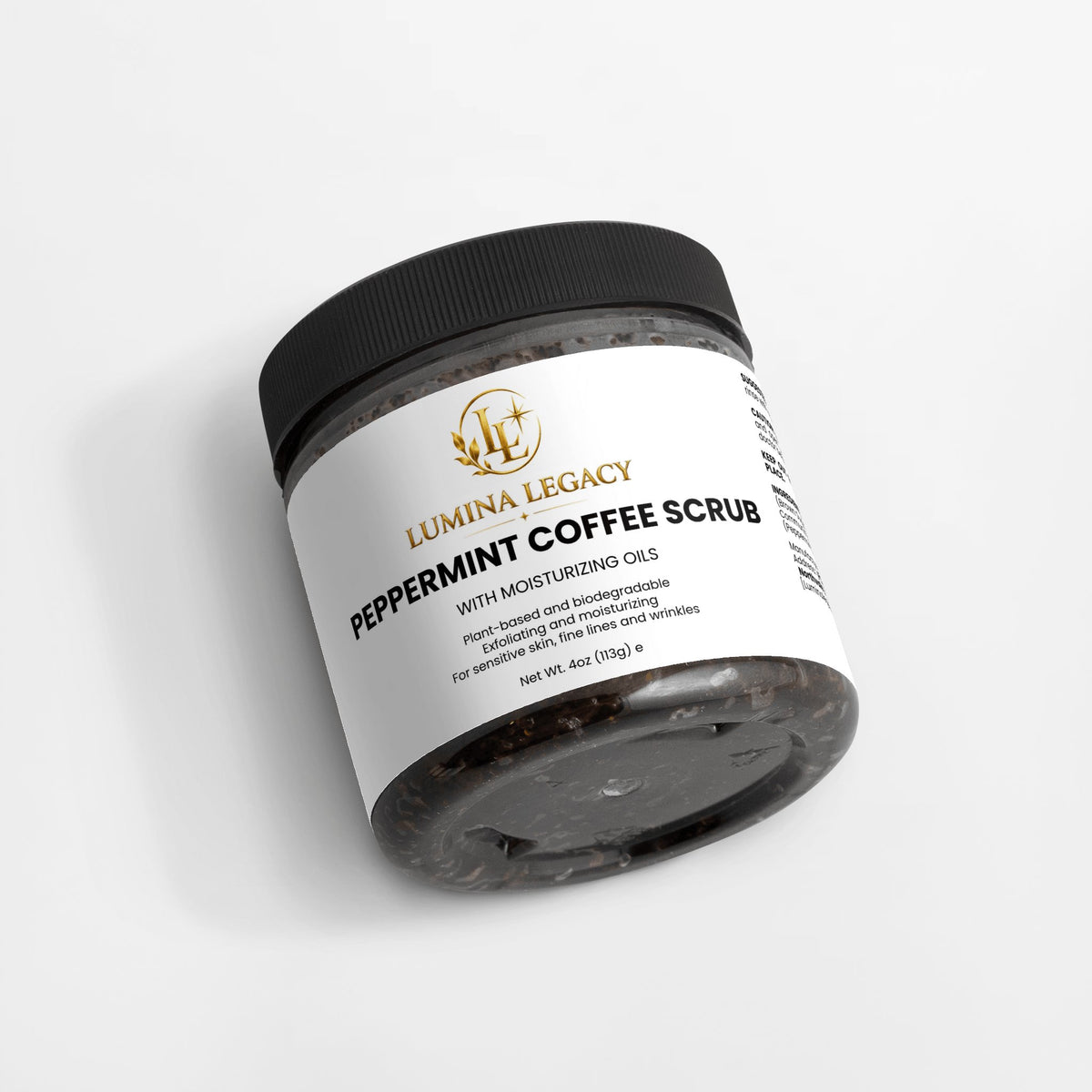 Peppermint Coffee Exfoliating Scrub in a jar with moisturizing oils for skin rejuvenation and exfoliation.