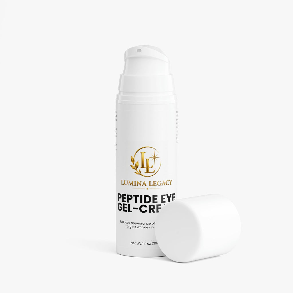 Peptide Eye Gel Cream by Lumina Legacy in a sleek tube design to reduce puffiness and hydrate the eye area.