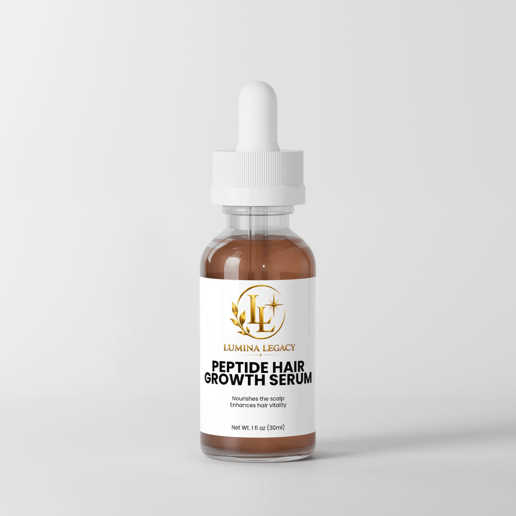 Peptide Hair Growth Serum in a glass dropper bottle designed to nourish the scalp and enhance hair vitality.