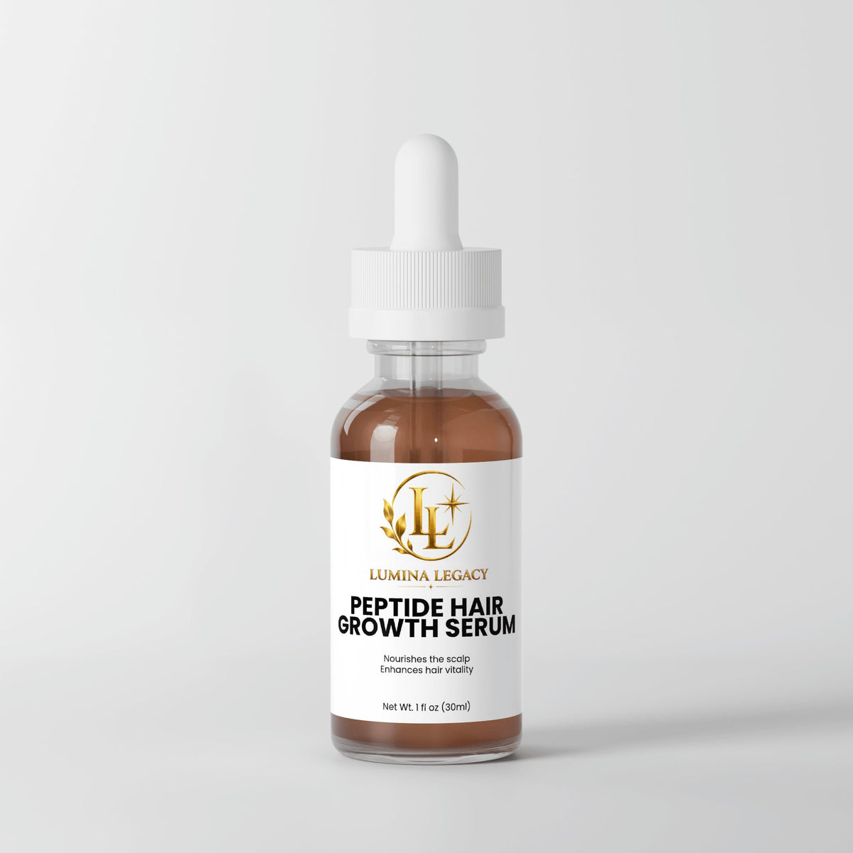 Peptide Hair Growth Serum in a glass dropper bottle designed to nourish the scalp and enhance hair vitality.