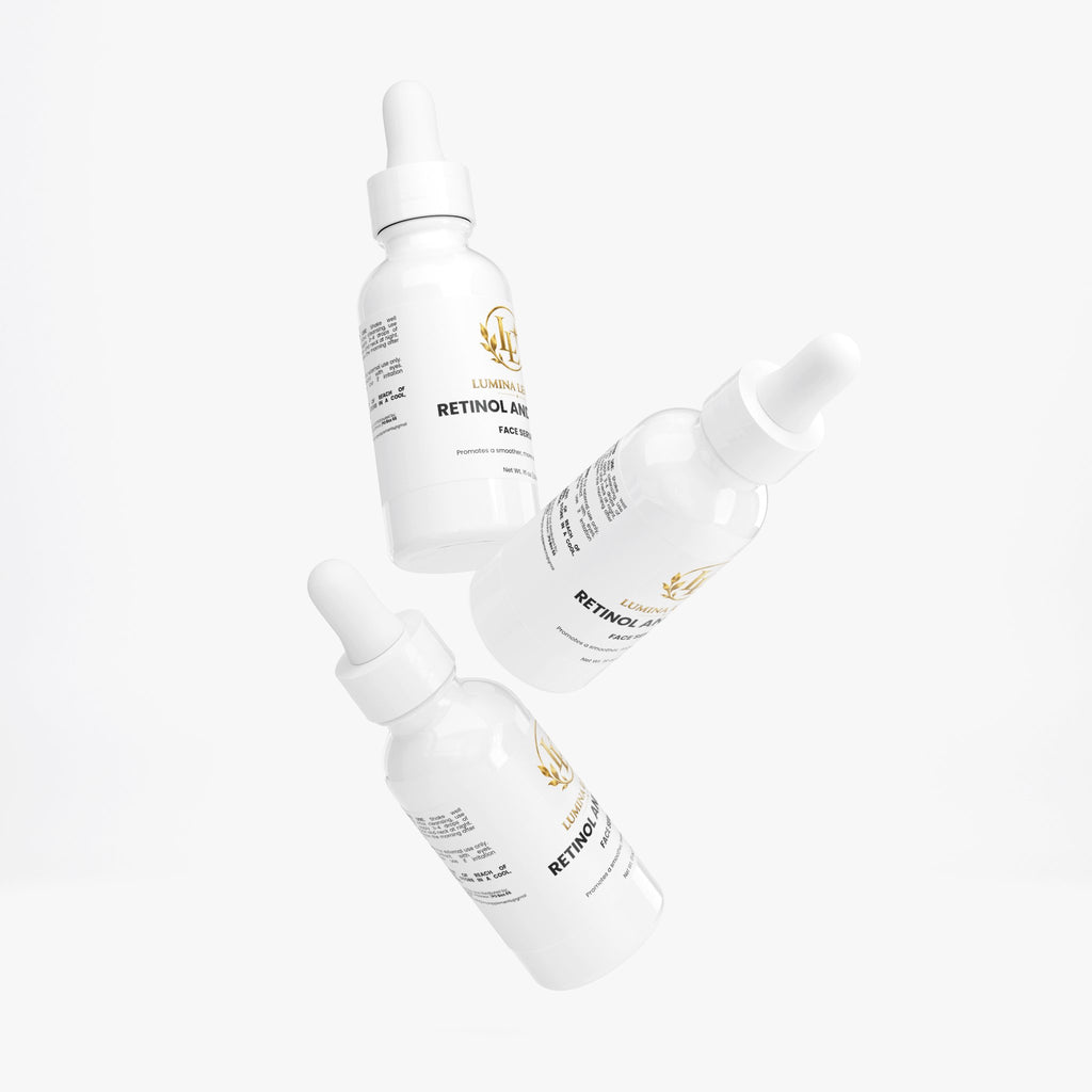 Retinol peptide serum for youthful skin in dropper bottles, enhancing skin texture and appearance.