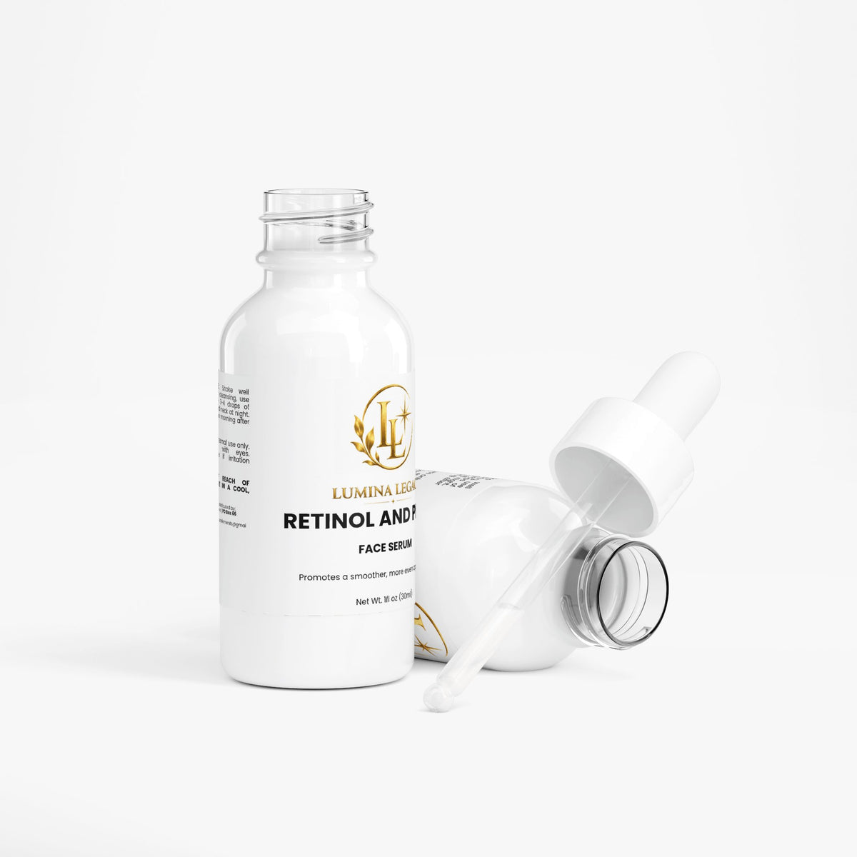 retinol peptide serum for youthful skin in two dropper bottles on a white background