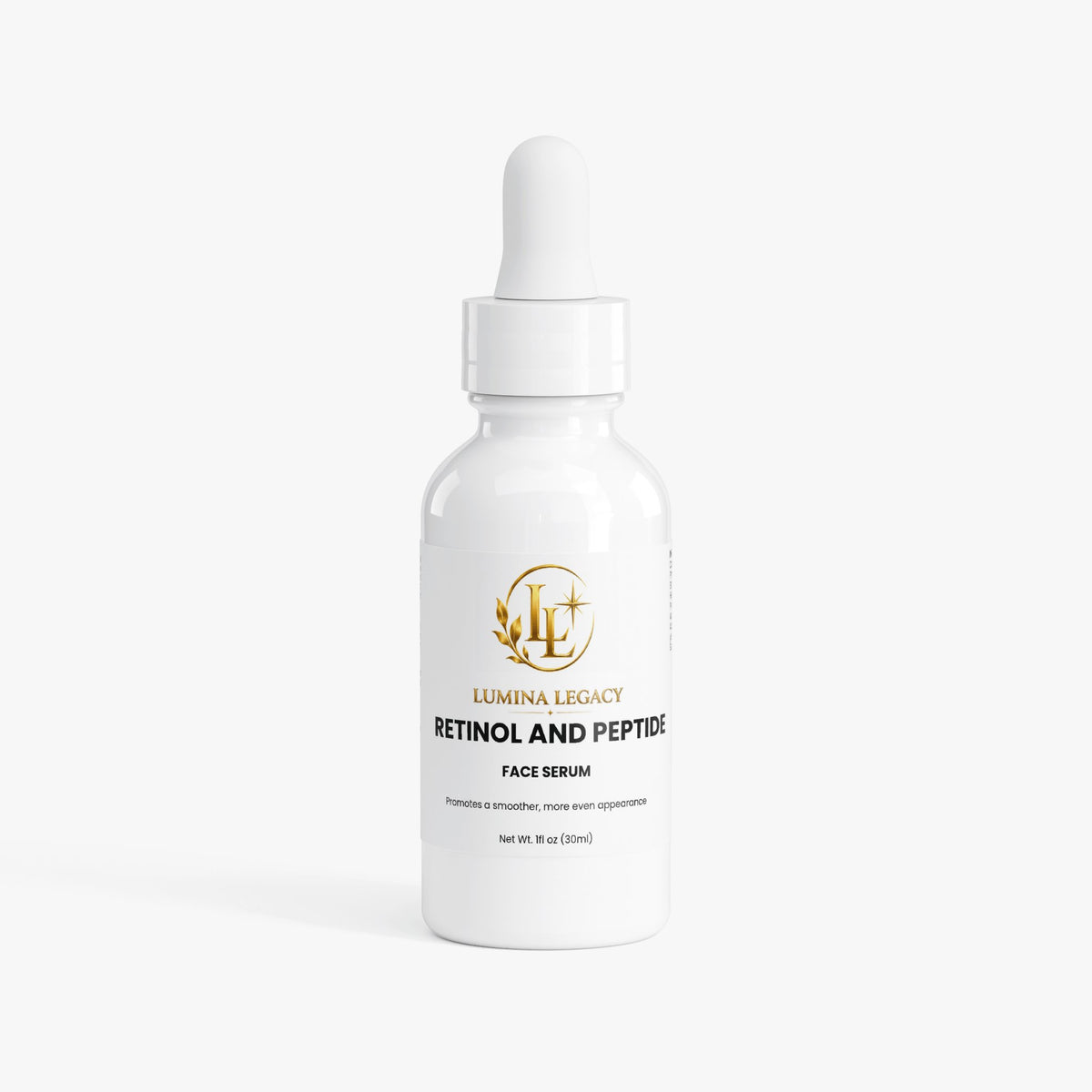 retinol peptide serum for youthful skin in a white bottle with dropper for skincare routine