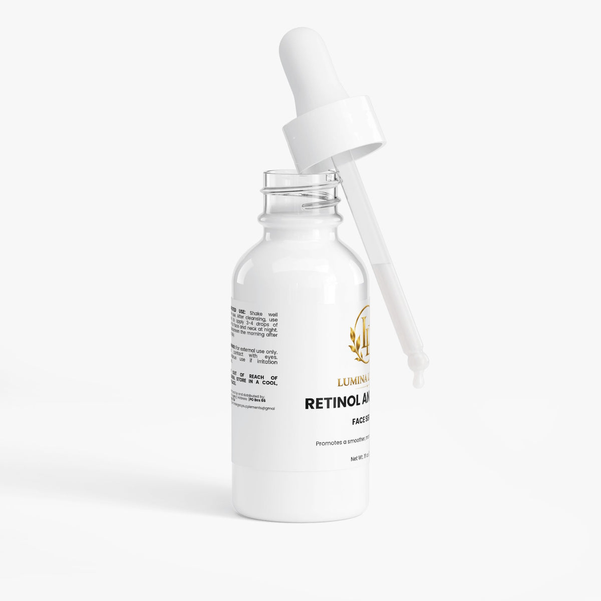 retinol peptide serum for youthful skin in a clear bottle with dropper cap on a white background